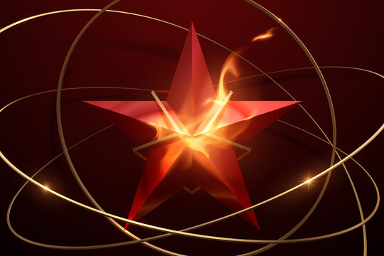 Red star shape with golden rings and fire effect