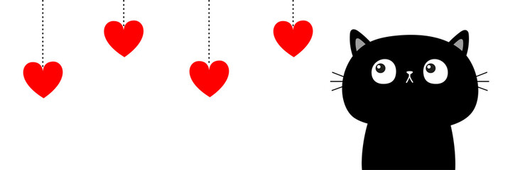 Black cat looking up to hanging red hearts. Dash line. Happy Valentines Day. Line banner. Heart set. Cute cartoon character. Kawaii animal. Love Greeting card. Flat design. White background.