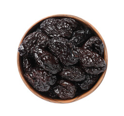 Bowl with sweet dried prunes isolated on white, top view