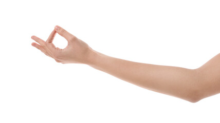 Woman meditating on white background, closeup of hand