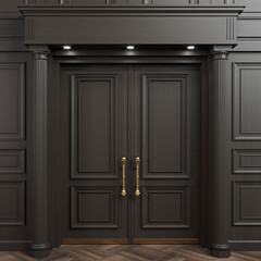 Black double classic wooden big door on wall - obrazy, fototapety, plakaty