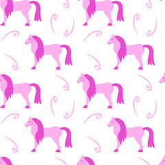 Seamless vector pattern with horses for valentine's day in the trending color pink. Abstract, animalistic, minimalist hand drawn print. Designs for textiles, fabric, wrapping paper, packaging.