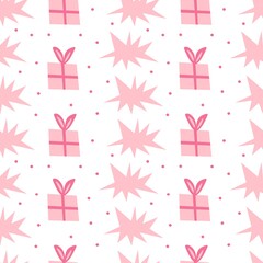 Seamless vector pattern with gifts for valentine's day in the trending color pink. Abstract, animalistic, minimalist hand drawn print. Designs for textiles, fabric, wrapping paper, packaging.