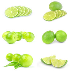 Collage of limes isolated on a white background with clipping path