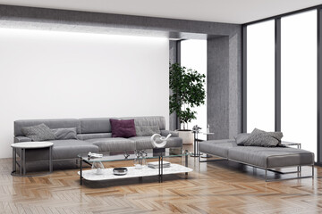 Illustration 3D rendering large luxury modern bright interiors Living room mockup computer digitally generated image