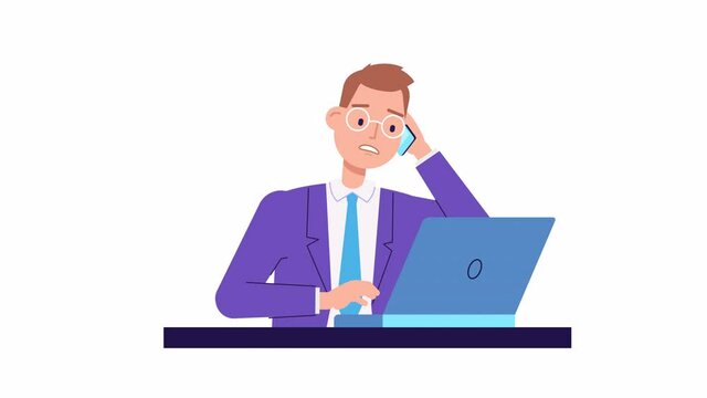 businessman character working at laptop and speaking with phone animation. programmer, meneger, busy office worker. multitask, close to deadline concept. Overworked man. looped stock footage