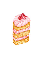Watercolor brownie cake with berry cream and raspberries. Hand drawing. Isolated on white background.