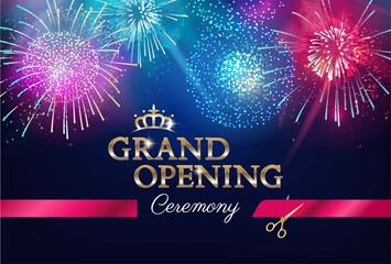 Grand opening background with fireworks and red ribbon. Ribbon cutting ceremony vector festive illustration.