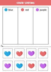 Sort hearts by colors. Learning colors for children.