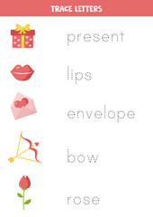 Trace the names of cute valentine elements.