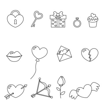 Cute black and white valentine day elements on white background.