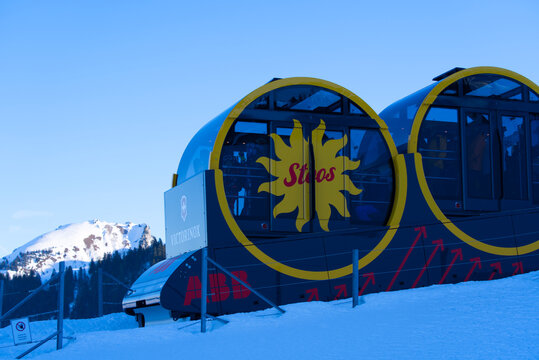 Close-up of steepest funicular at mountain village Stoos on a sunny winter day arriving at mountain station. Photo taken December 20th, 2021, Stoos, Switzerland.