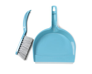 Plastic hand broom and dustpan on white background, top view - obrazy, fototapety, plakaty