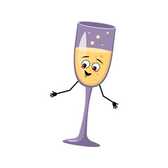 Glasses of sparkling wine character with happy emotion, joyful face, smile eyes, arms and legs. Alcohol man for Christmas and New year. Vector flat illustration