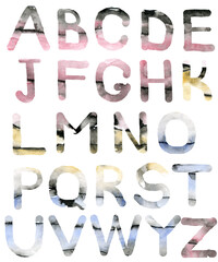 Obraz premium Artistic alphabet letters, hand drawn with watercolor isolated on white. Pastel pink, blue, yellow filled front.