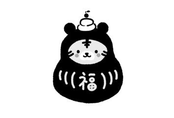 2022年寅年の素材 -頭に鏡餅を乗せている福だるまの着ぐるみを着たかわいい虎・トラ模様の猫 - 虎だるま（福）
