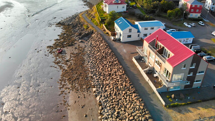 Panoramic view of town Borgarnes in South-Western Iceland from a drone viewpoint