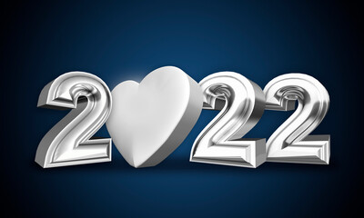 2022 silver letters and heart. 3D illustration. 3d rendering