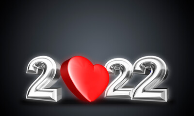 2022 silver letters and heart. 3D illustration. 3d rendering