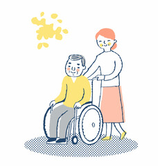 車椅子のシニア男性とシニア女性