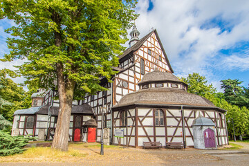 Fototapeta na wymiar Swidnica, Poland - finished in 1656 and a Unesco World Heritage Site, the Church of Peace in Swidnica is a wooden masterpiece. Here in particular the external shape