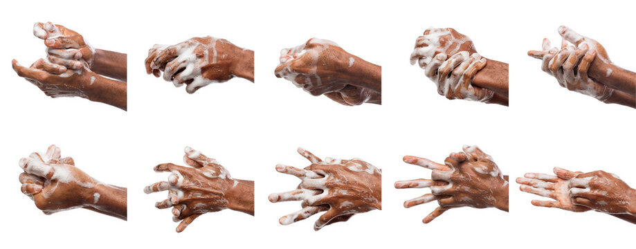 African american man washing hands with soap, set of photos