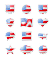 USA - set of country flags in the form of stickers of various shapes.