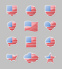 United States of America - set of country flags in the form of stickers of various shapes.