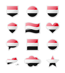 Yemen - set of country flags in the form of stickers of various shapes.