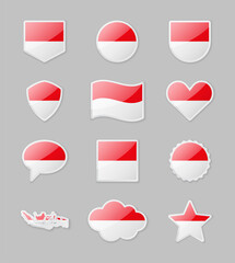 Indonesia - set of country flags in the form of stickers of various shapes.