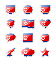 North Korea - set of country flags in the form of stickers of various shapes.