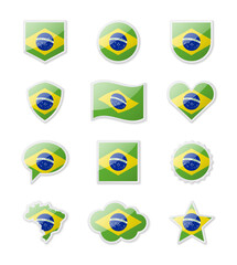 Brazil - set of country flags in the form of stickers of various shapes.