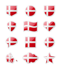 Denmark - set of country flags in the form of stickers of various shapes.