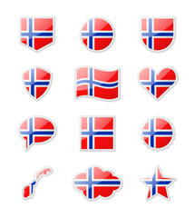 Norway - set of country flags in the form of stickers of various shapes.