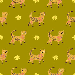 Obraz premium Seamless pattern walking cat with flowers is smiling. Bright colorful vector illustration with pet in cartoon style. Wrapping or fabric, print or paper. Green background