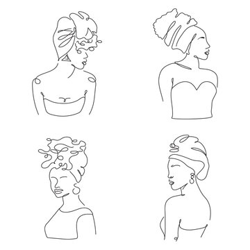 Tattoo set of African, American avatar silhouette of woman Vector illustration in one line art