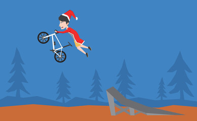 An illustration of a boy with Santa Claus costume jumping with his bike 