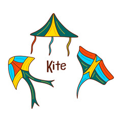 Set of kites. Group of toys flying in air on a string, soaring in sky in wind, different colors and with ribbons. Hand drawn vector isolated illustration clip art. Outdoors entertainment
