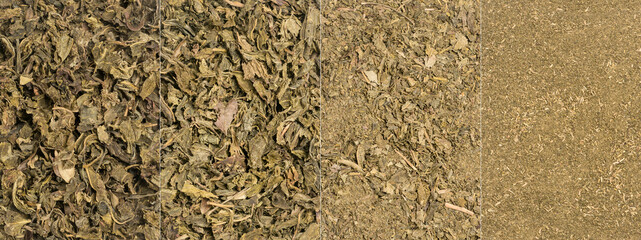 collage of used or brewed dried green tea leaves, to be used as natural organic fertilizer, increase nutrient levels and improve soil quality, whole leaves to powder