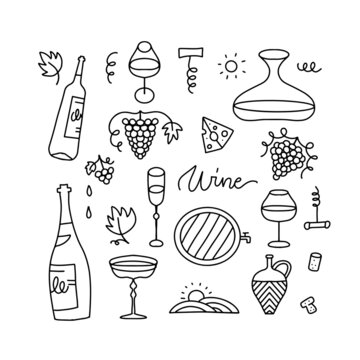 Doodle hand draw wine elements set on white background. Linear bottles, glasses, grapes etc. Line vector illustration collection.