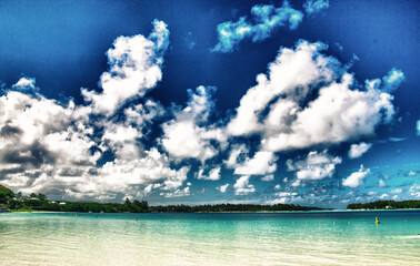 Panoramic view of a tropical beach on a sunny day.