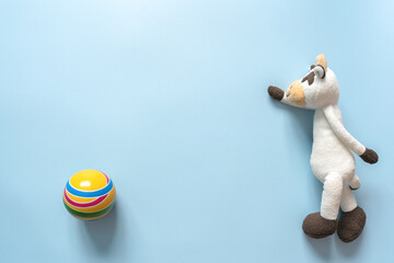 Kids plush toy and ball on the blue background closeup