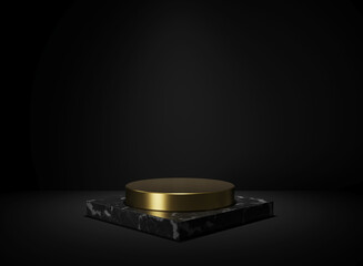 3d rendering box black marble, gold cylinder podium and black background
