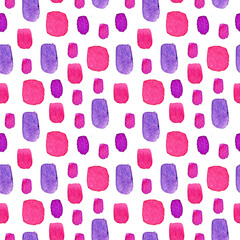 Seamless pattern with pink and purple spots. Watercolor illustration. Abstraction.Elements. Print on fabric and paper. Holiday. Beautiful. Cute. Doodle. Design. Art. Style. Background.