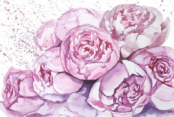 Peonies illustration in watercolor. Pink flowers