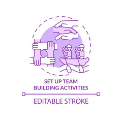 Set up team building activities purple concept icon. Teamwork culture abstract idea thin line illustration. Isolated outline drawing. Editable stroke. Roboto-Medium, Myriad Pro-Bold fonts used