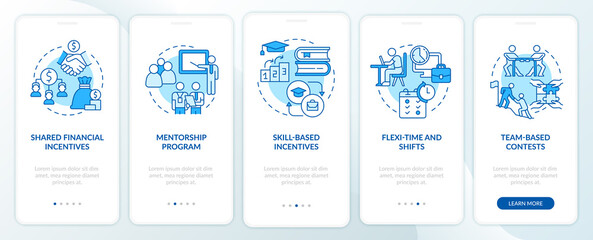 Incentivising teamwork blue onboarding mobile app screen. Motivation walkthrough 5 steps graphic instructions pages with linear concepts. UI, UX, GUI template. Myriad Pro-Bold, Regular fonts used