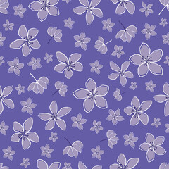 Jasmine floral vector seamless pattern background. Line art hand drawn flower heads, blossom, petals. Monochrome periwinkle purple violet backdrop.Botanical repeat for medicinal healing plant.