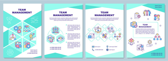 Fototapeta na wymiar Team management mint brochure template. Lead team. Booklet print design with linear icons. Vector layouts for presentation, annual reports, ads. Arial-Black, Myriad Pro-Regular fonts used