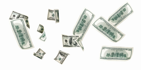 Hundred dollar bill. Falling money isolated on white background. American cash.